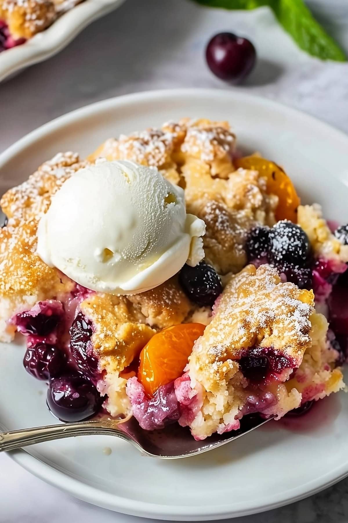 Peach and blueberry cobbler serving with vanilla ice cream in a plate topped with vanilla ice cream.