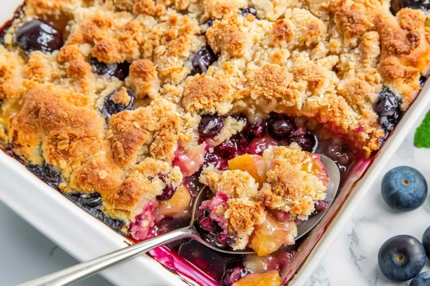 Spoon scooping peach and blueberry cobbler from baking dish.