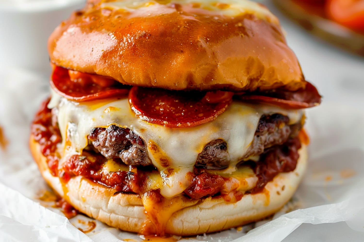 Mouthwatering pizza-inspired burgers pepperoni slices and cheese, served on a bun