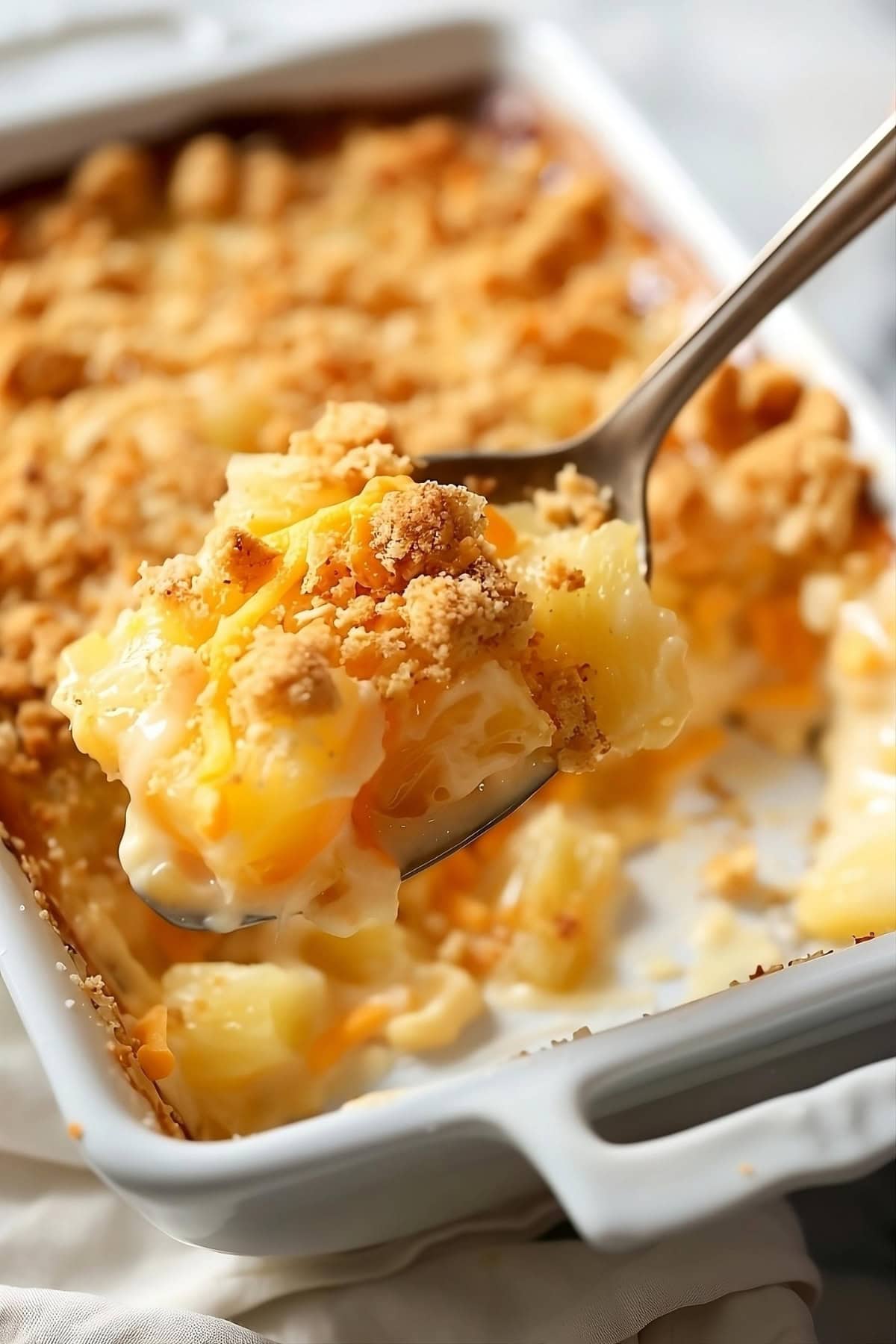 Spoonful of pineapple cheese casserole with crushed crackers toppings.