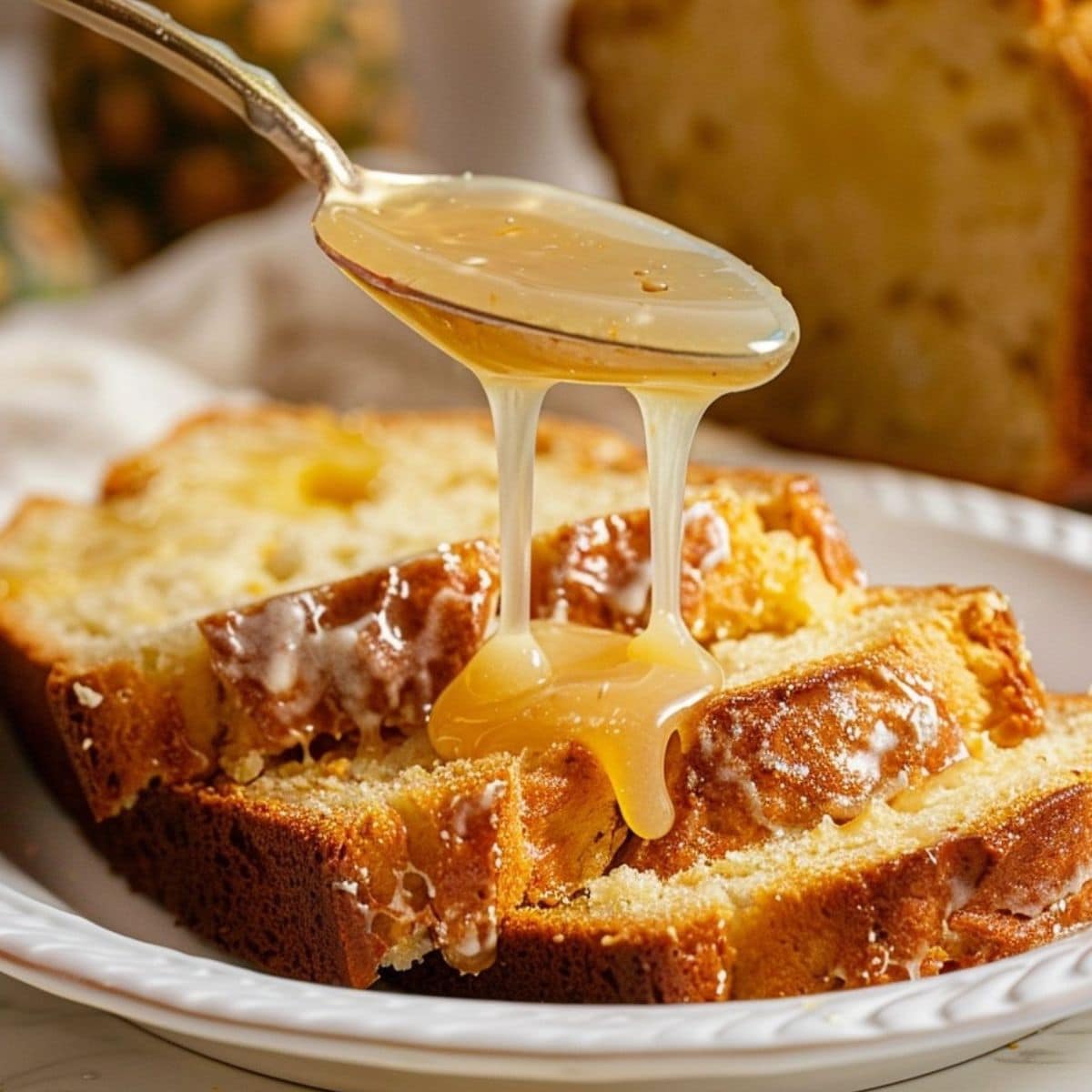 Spoonful of sugar glaze poured over slices of pineapple quick bread served in a white plate.