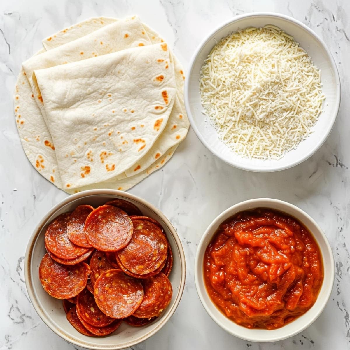 Flour tortillas, pepperoni, pizza sauce and cheese on a white marble table. 