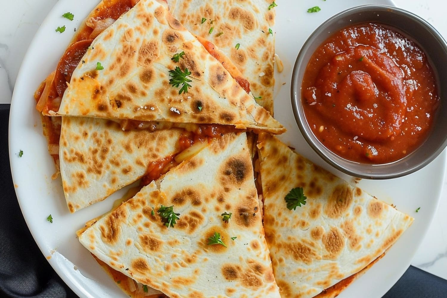 Sliced pizza quesadillas on a plate with sauce