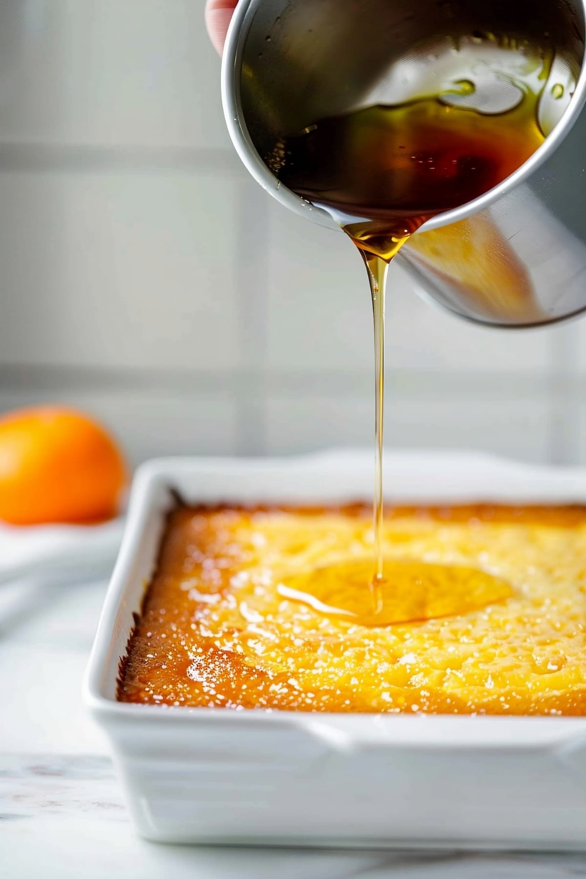a hand pouring syrup over a Greek orange cake