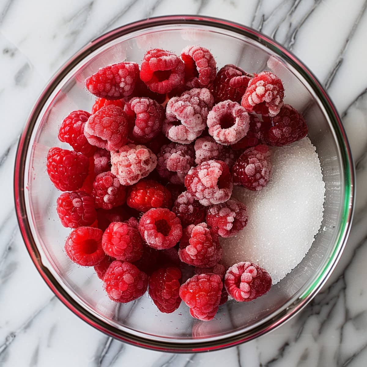 A glass bowl of fresh raspberries and sugar, top view