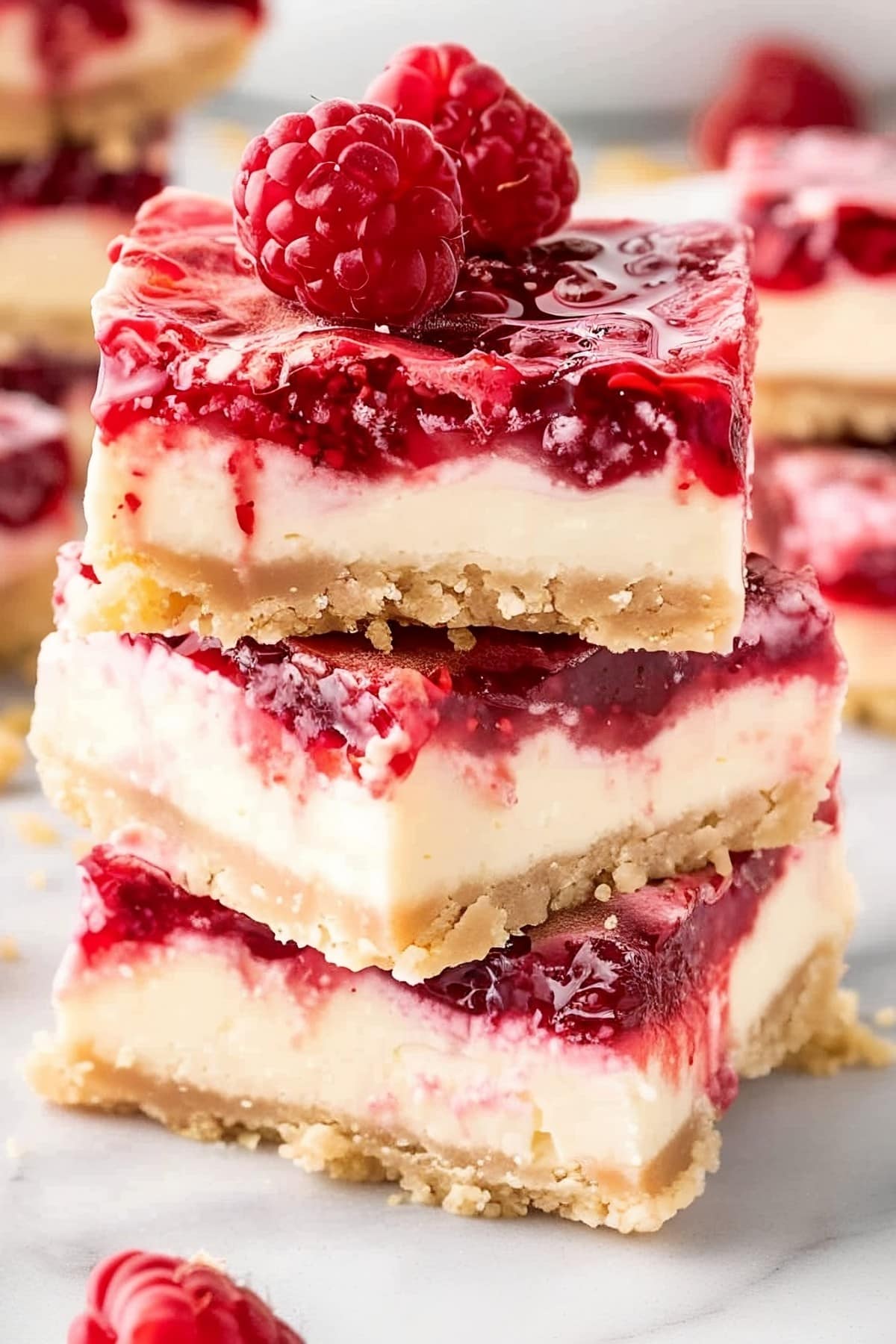 Homemade raspberry cheesecake bars stacked on top of each other on a white marble table