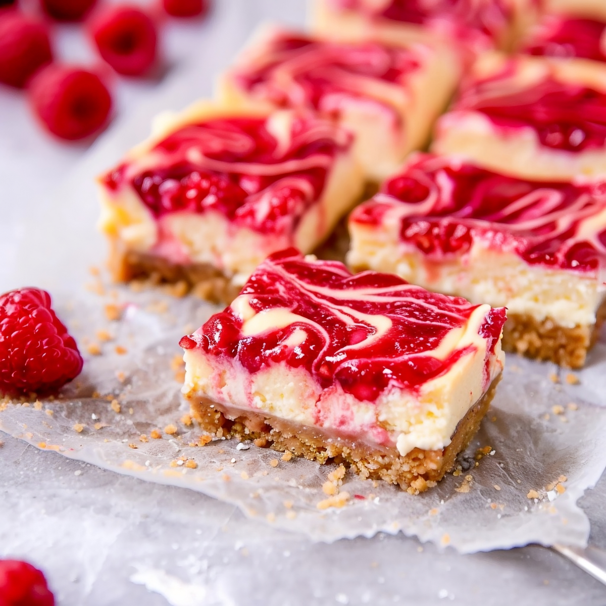 Rich and creamy homemade raspberry cheesecake bars on parchment paper