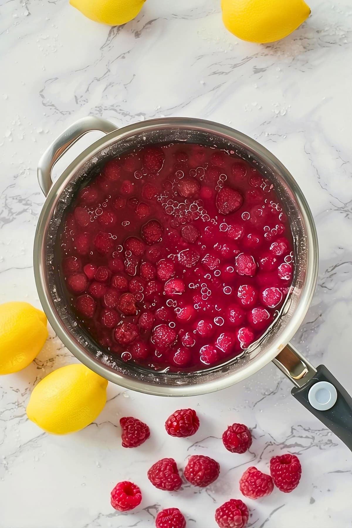 Raspberries puree in a sauce pan.