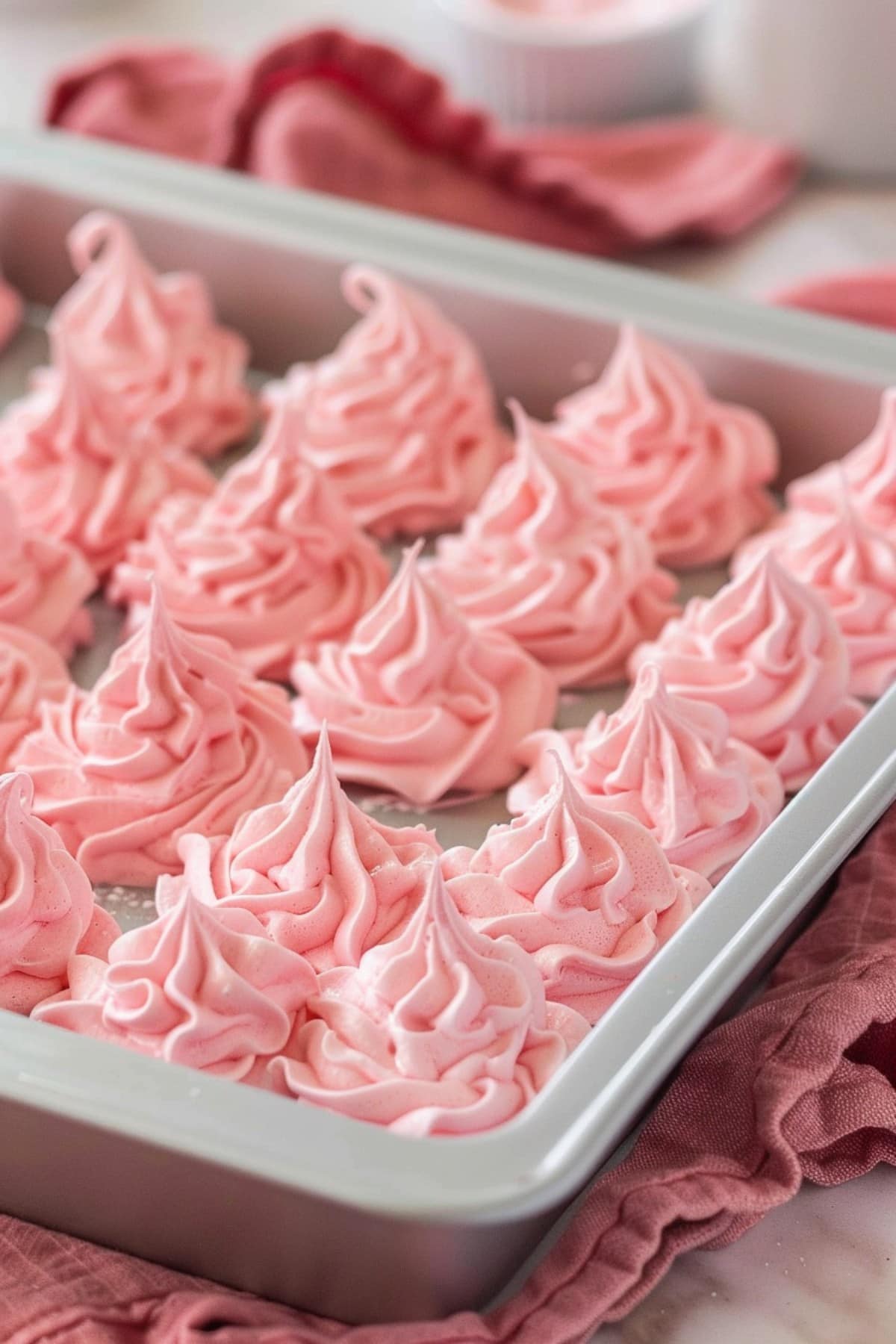 Fruity and fluffy homemade raspberry whipped cream frosting in a stainless tray