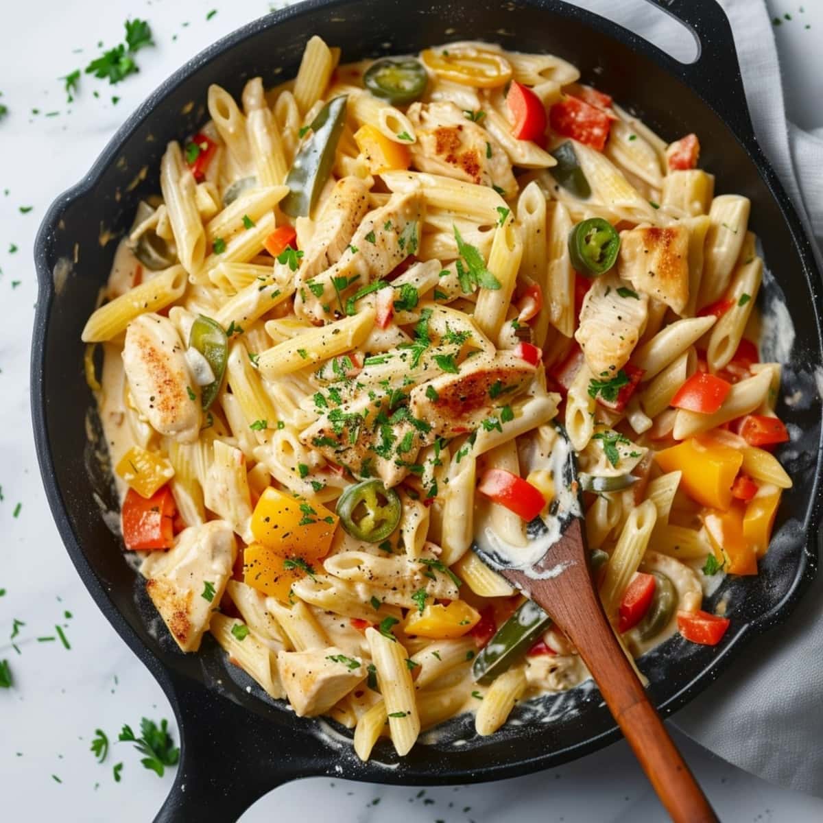 Rattlesnake pasta with chicken, bell peppers, spicy jalapeños, and creamy Parmesan sauce in cast iron skillet.