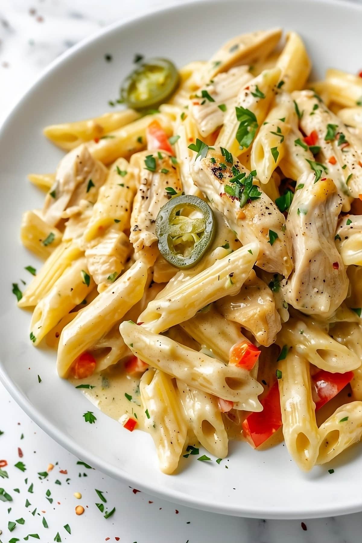 Chicken, bell peppers, jalapeños, and Parmesan sauce in rattlesnake pasta.