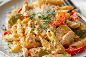 Rattlesnake pasta garnished with parmesan cheese and chopped parsley.