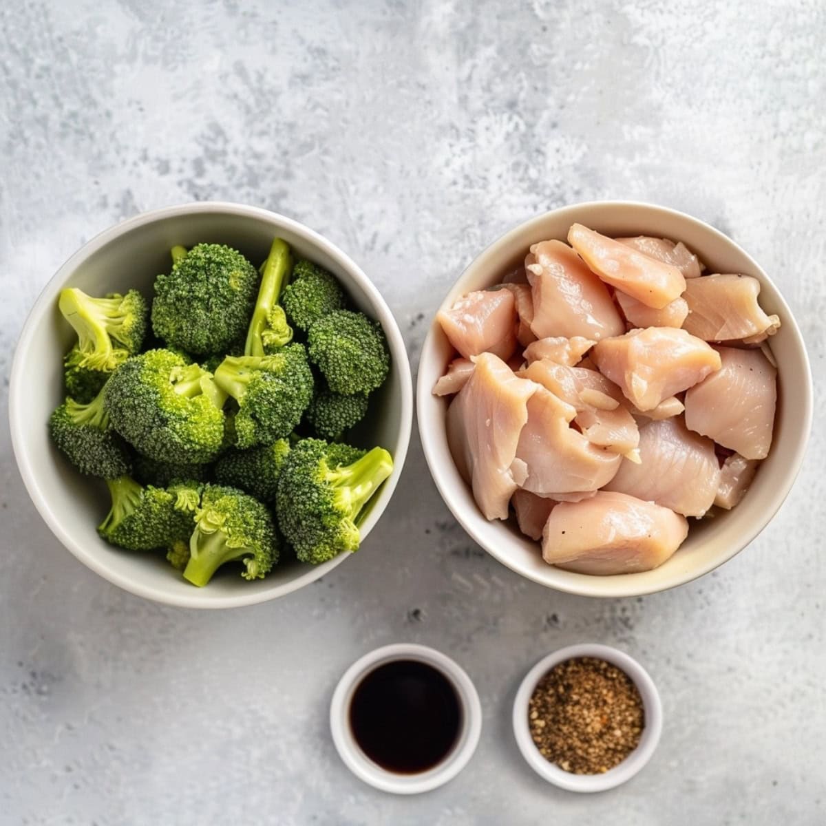 Fresh broccoli and raw chicken in bowls with sesame seeds and sauce made with chicken broth, oyster sauce, soy sauce, rice wine vinegar, brown sugar, sesame oil, and cornstarch.