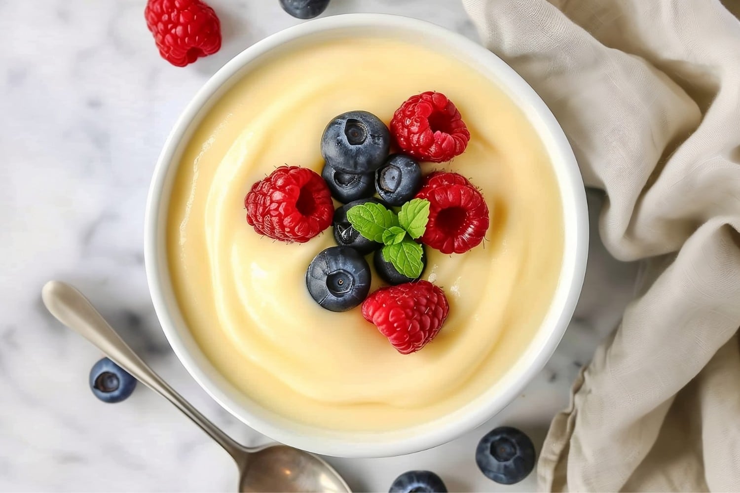 Silky smooth vanilla custard in a glass bowl, topped with raspberries and blueberries