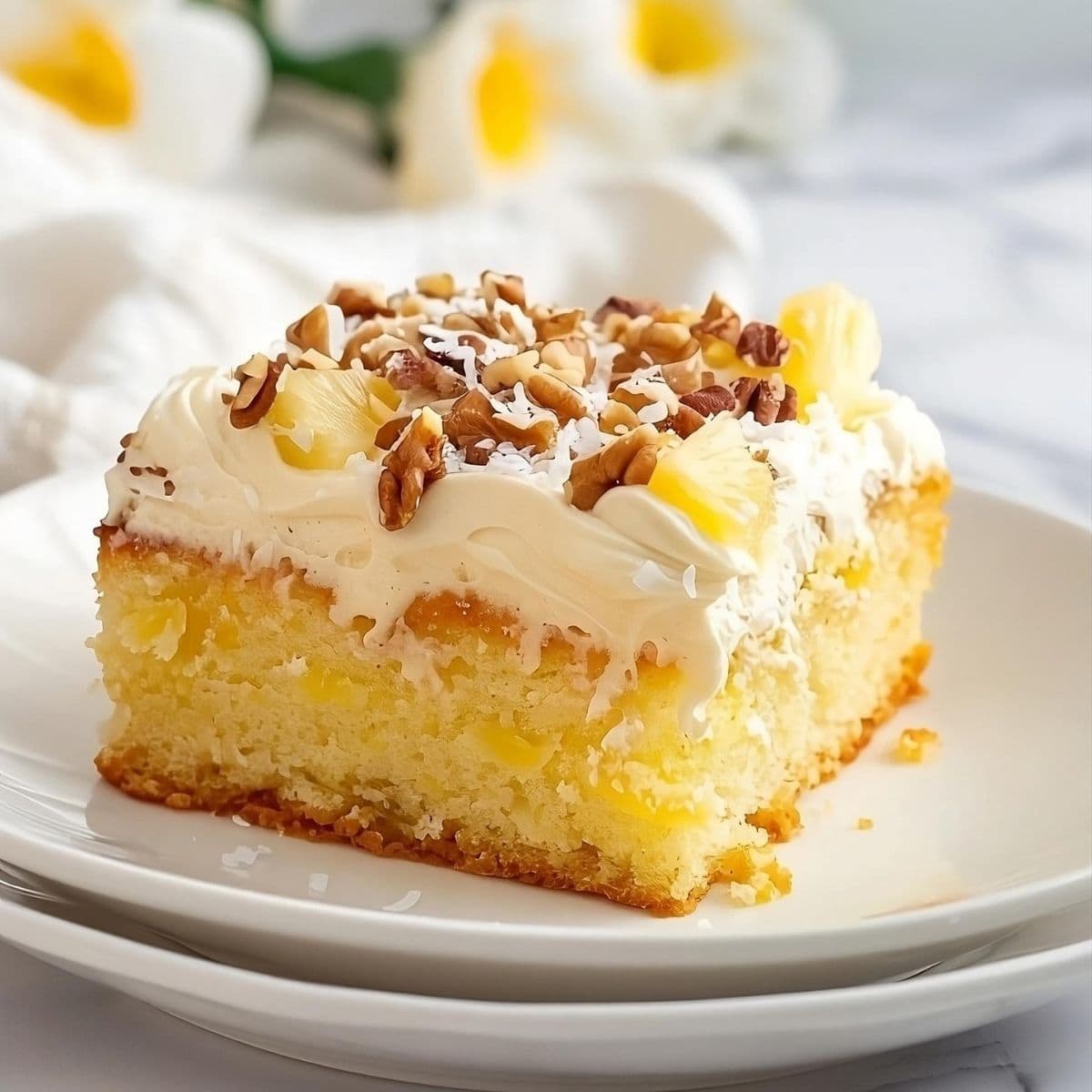 Slice of pineapple sheet cake with creamy frosting garnished with chopped pecans served in a white plate.