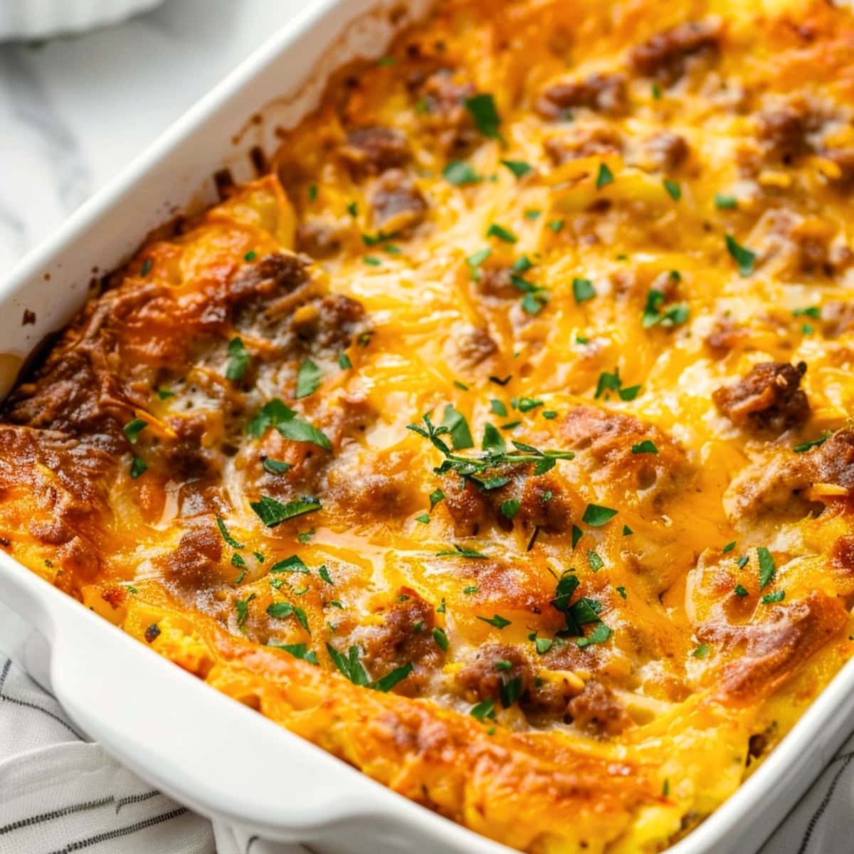 Sausage hashbrown breakfast
casserole in a baking dish garnished with chopped parsley.