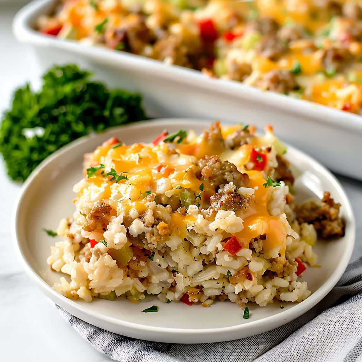 Meaty and cheesy homemade sausage and rice casserole with bell peppers and celery