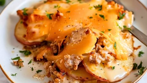 Sausage potato casserole serving in a white plate with fork.