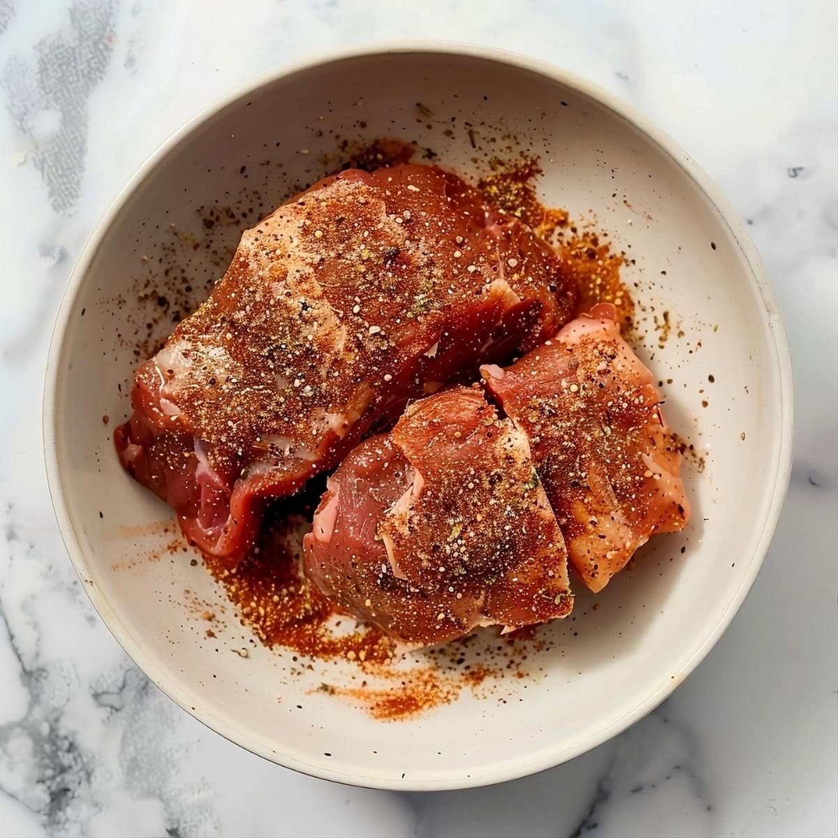 Seasoned raw pork meat with dry rub spices in a bowl on a white marble surface.