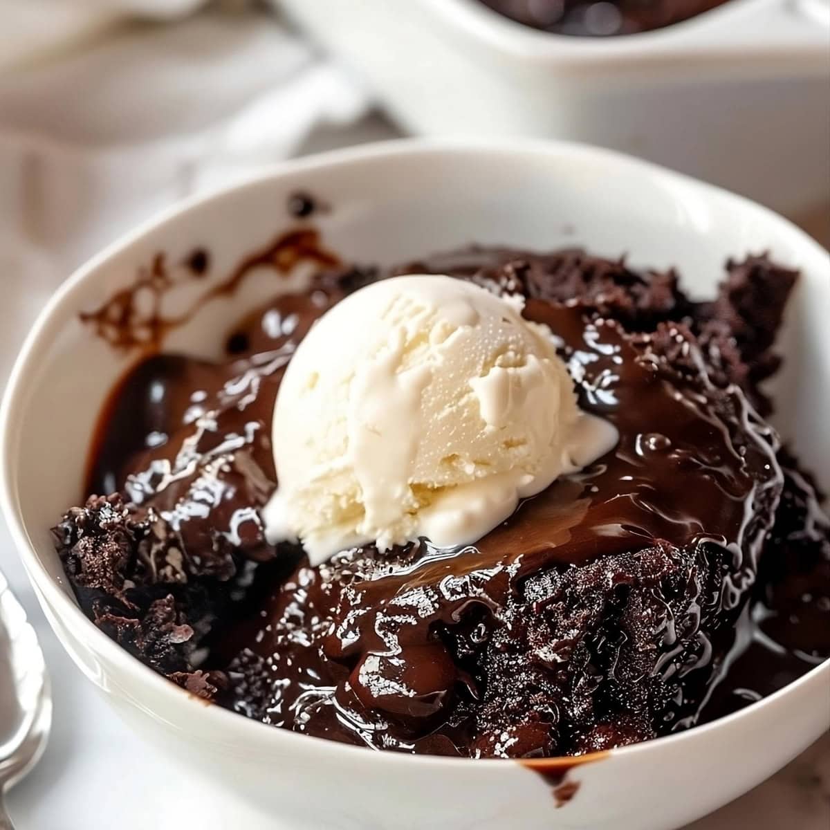 A serving of hot fudge cake in a white bowl topped with vanilla ice cream.