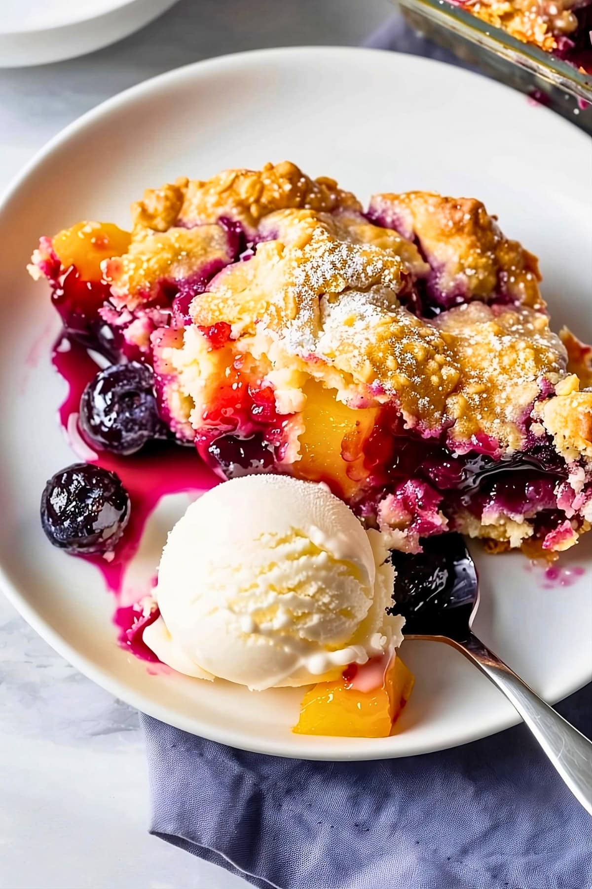 Peach and blueberry cobbler serving with vanilla ice cream in plate.