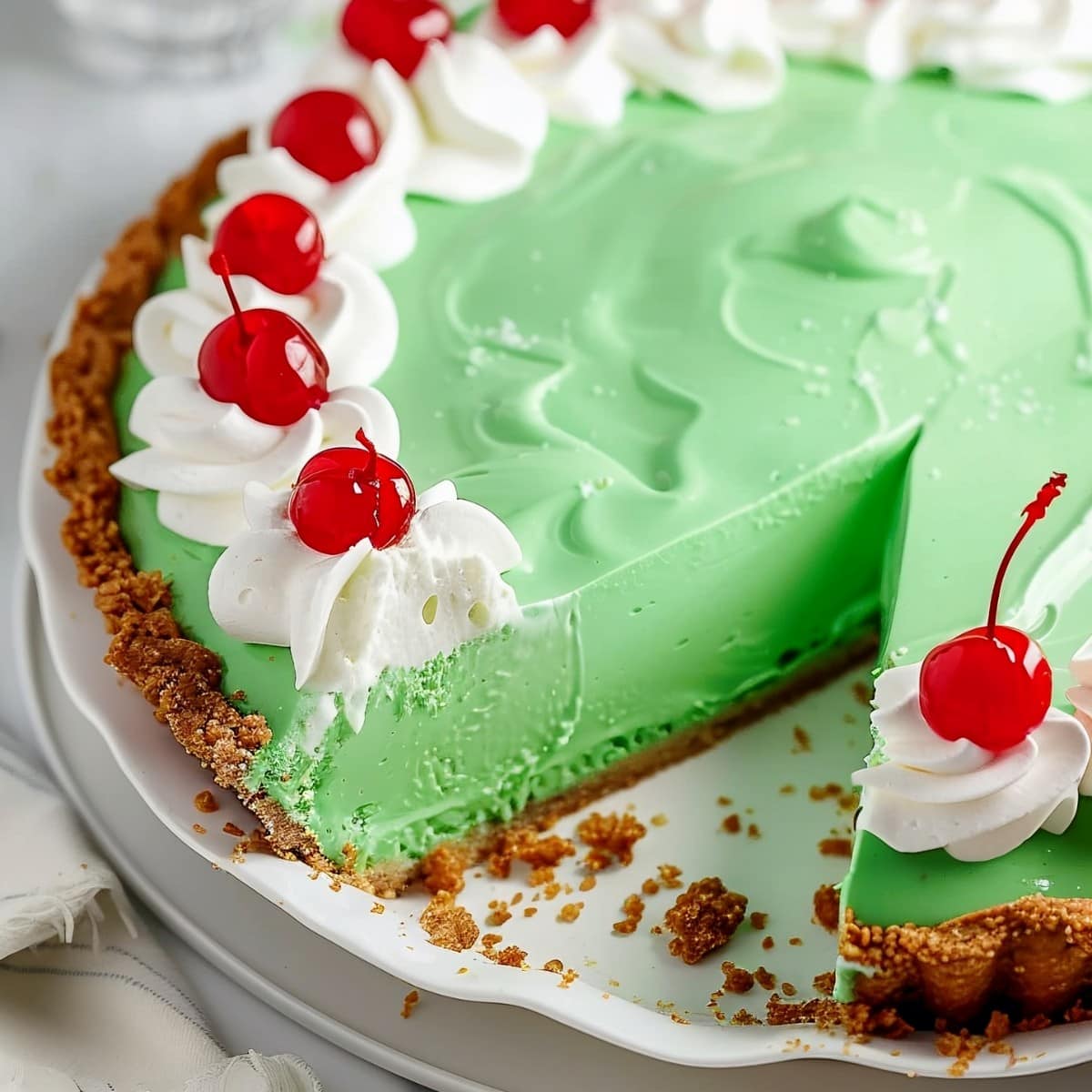 Shamrock shake pie with a slice removed. 