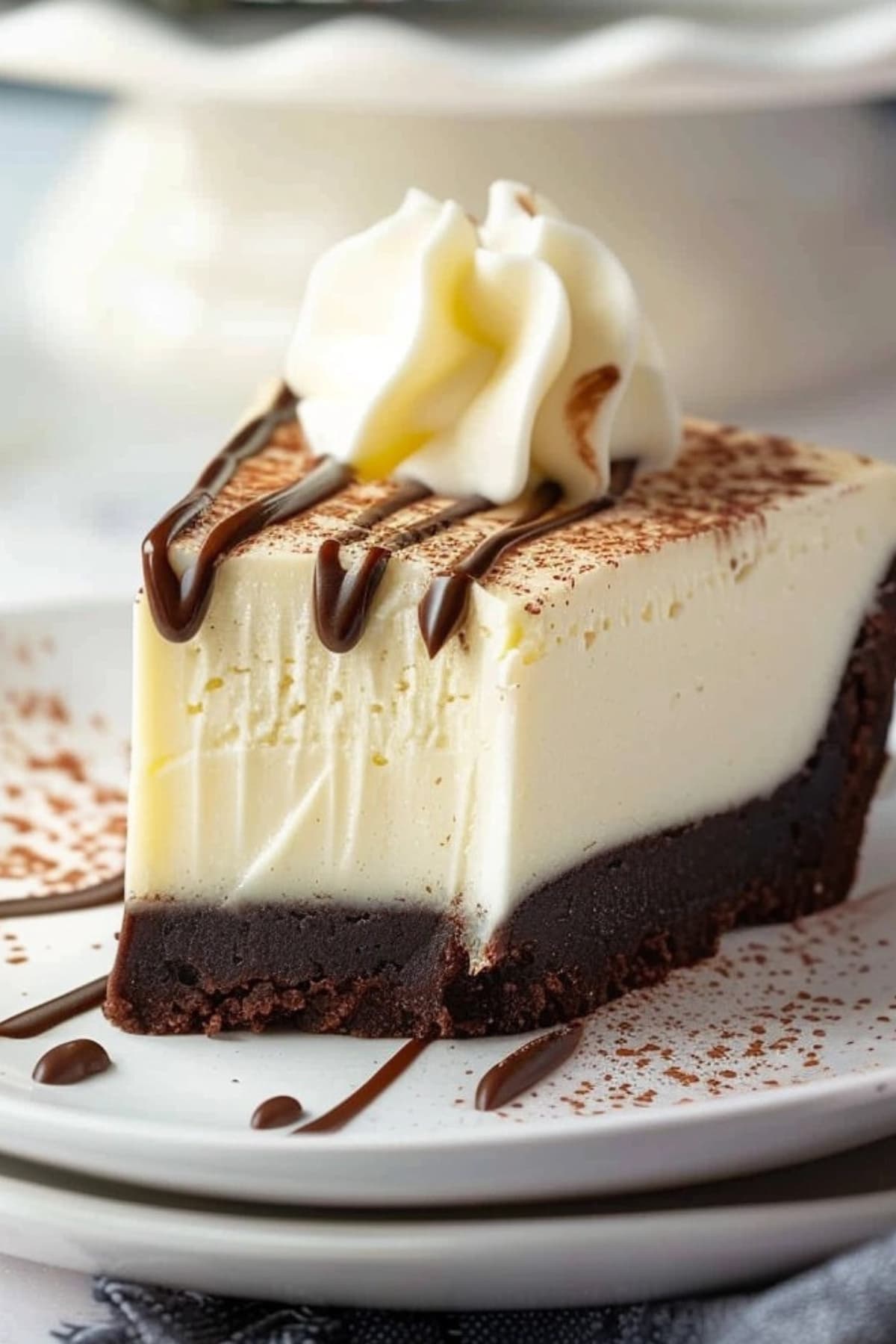 A slice of creamy brownie bottom cheesecake topped with whipped cream drizzled with chocolate syrup.