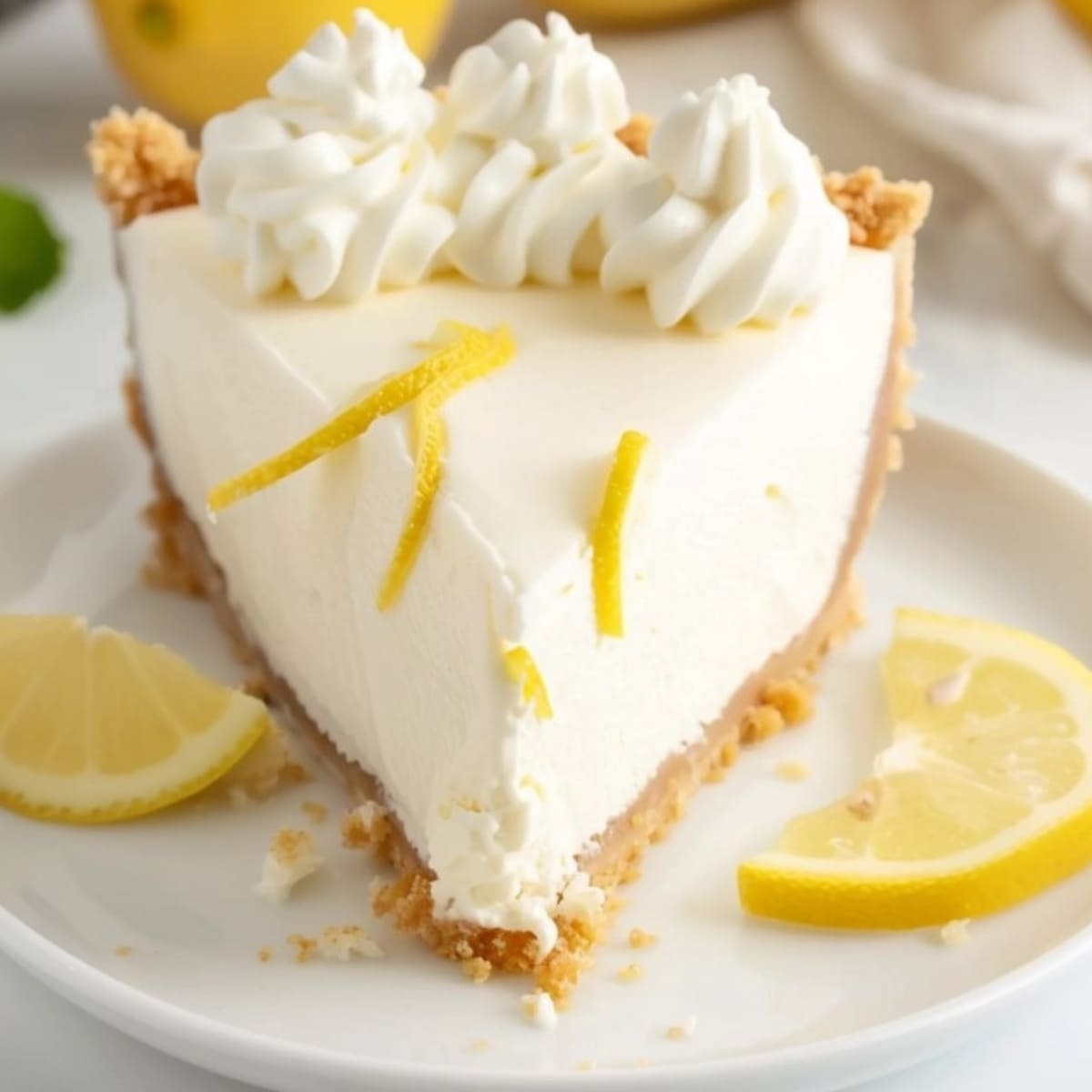 Slice of Cream Cheese Lemonade Pie garnished with lemon slice served on a white plate.
