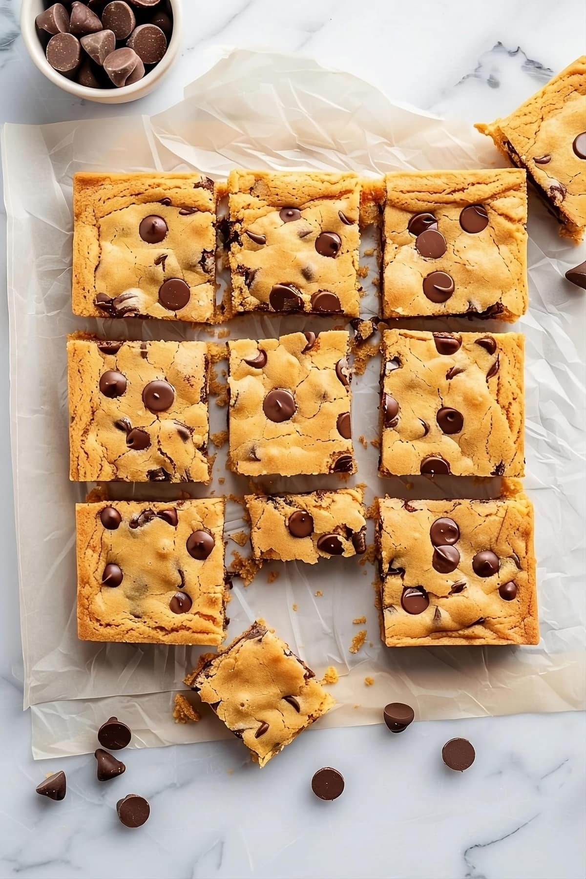Sliced cake mix chocolate chip cookie bars on a parchment paper on a white marble surface.