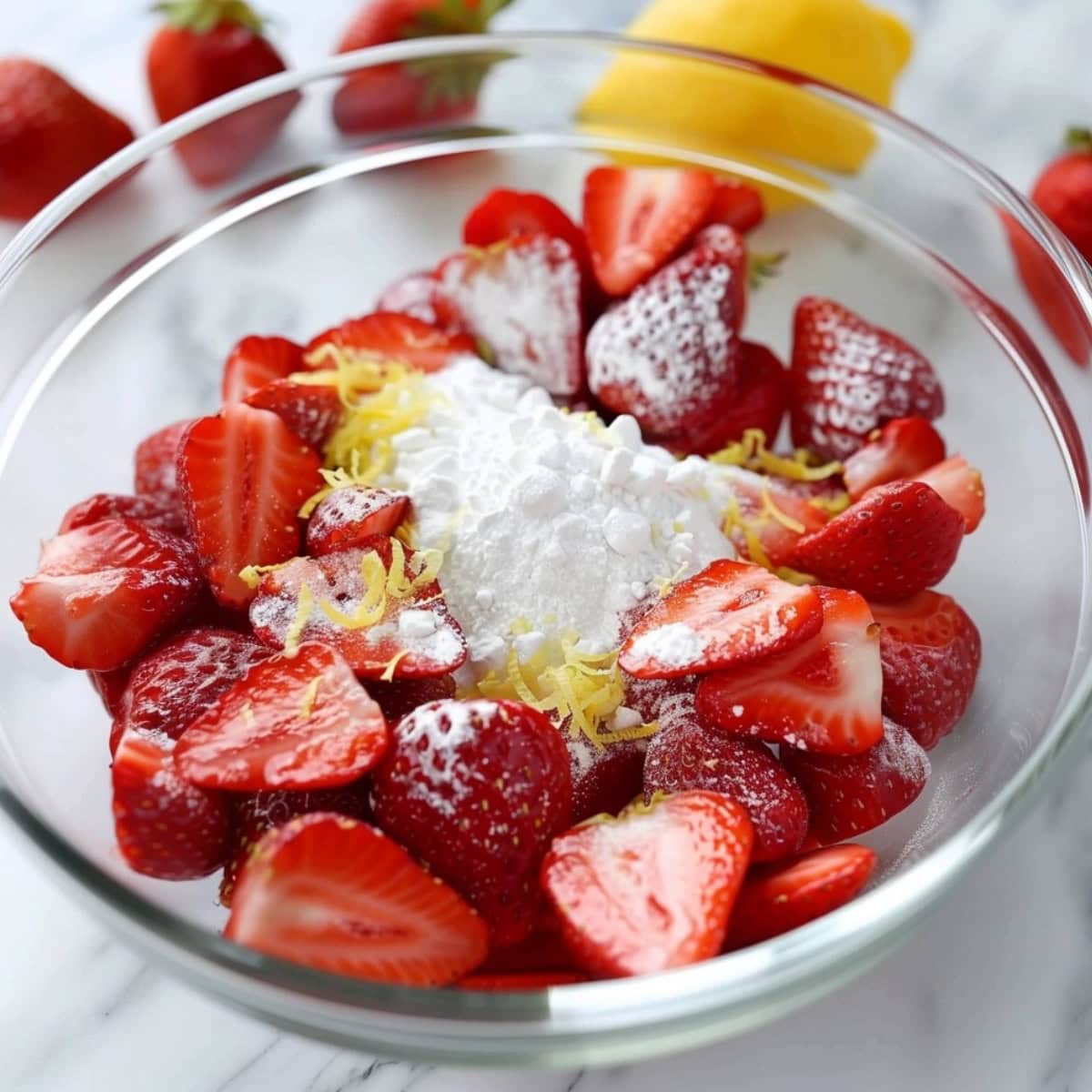 Sliced strawberries with cornstarch and lemon zest in a glass bowl.