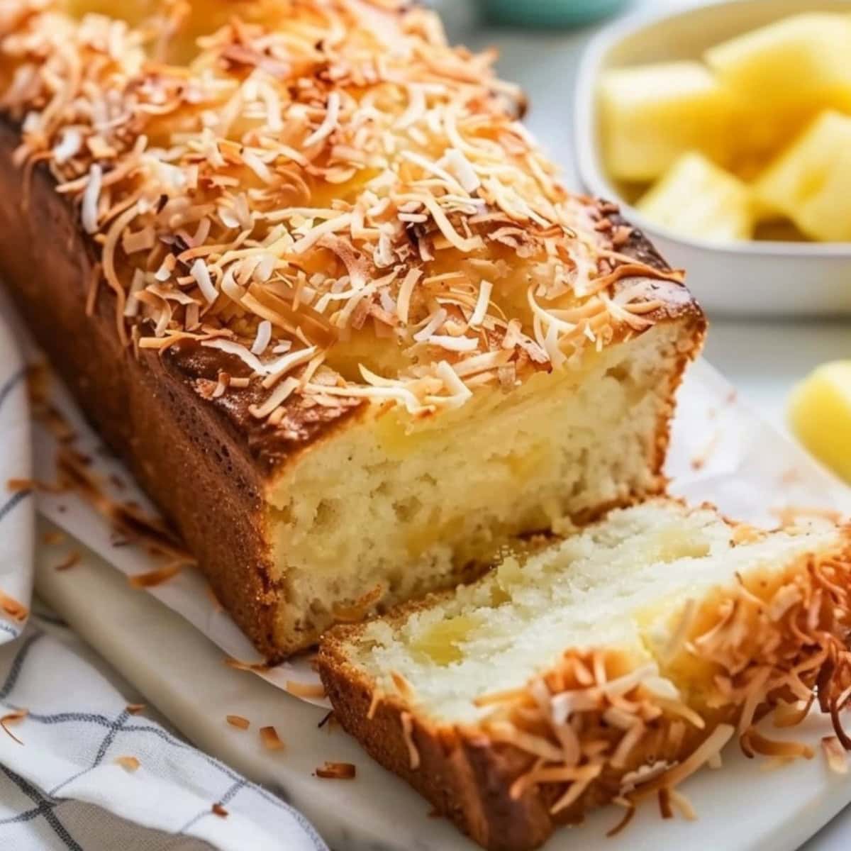 Pineapple loaf bread with toasted. coconut sliced on a cutting board.