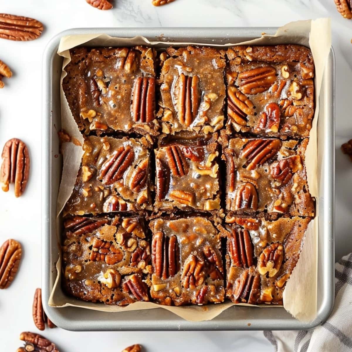 Caramel pecan dream bars sliced in a baking pan with parchment paper.
