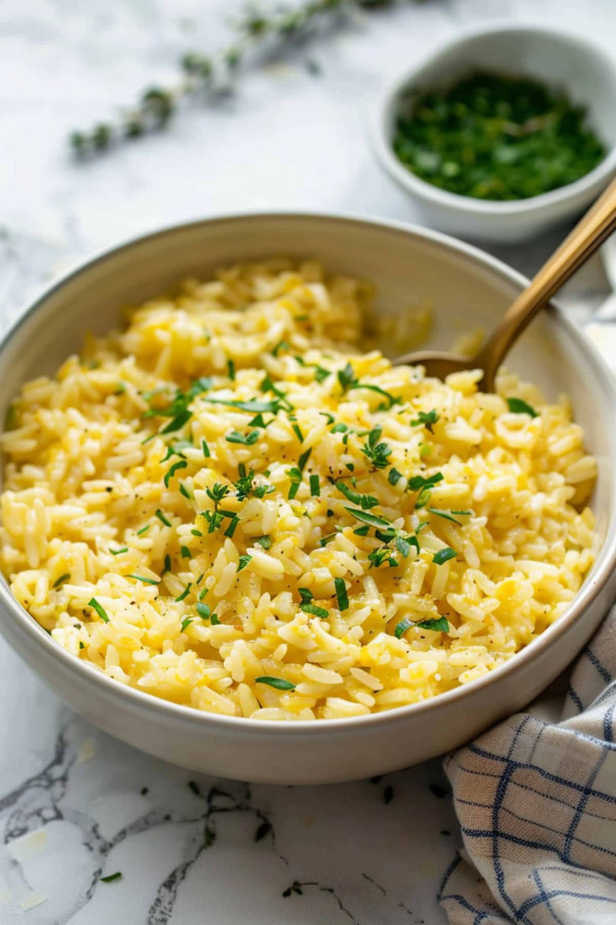 Creamy homemade instant rice in a bowl garnished with parsley