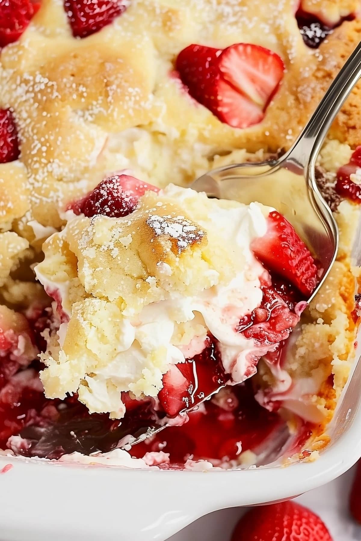 Spoon scooping strawberry cheesecake dump cake in a white baking dish.
