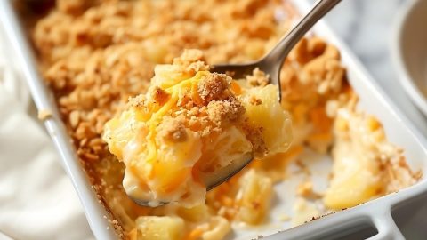 Spoonful of pineapple cheese casserole in a white baking dish.