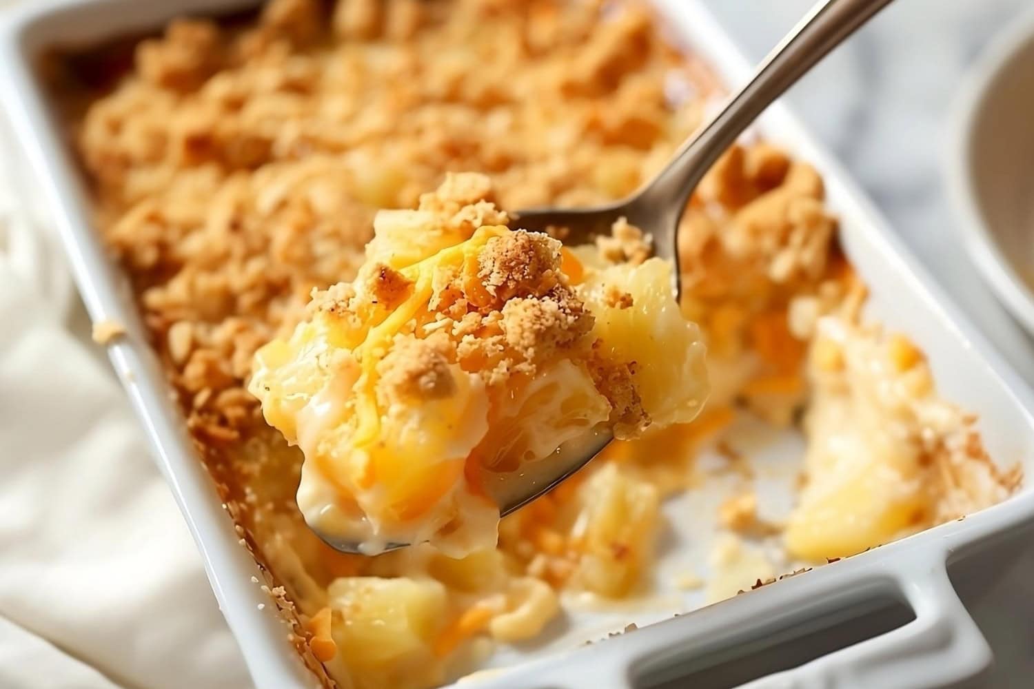 Spoonful of pineapple cheese casserole in a white baking dish.