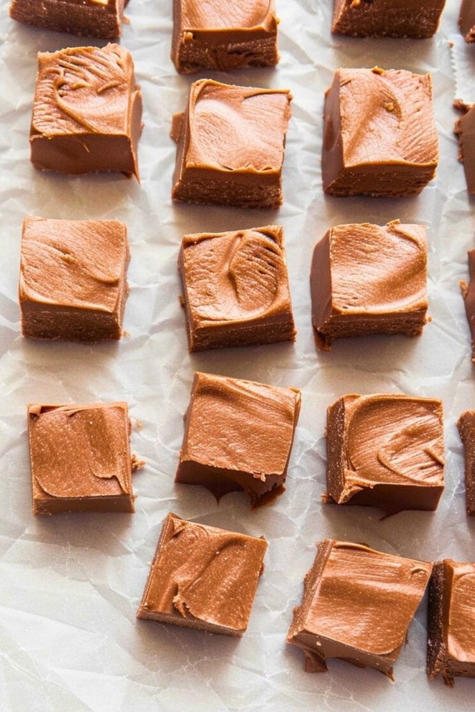 Square slices chocolate candies arranged in a row in a parchment paper.