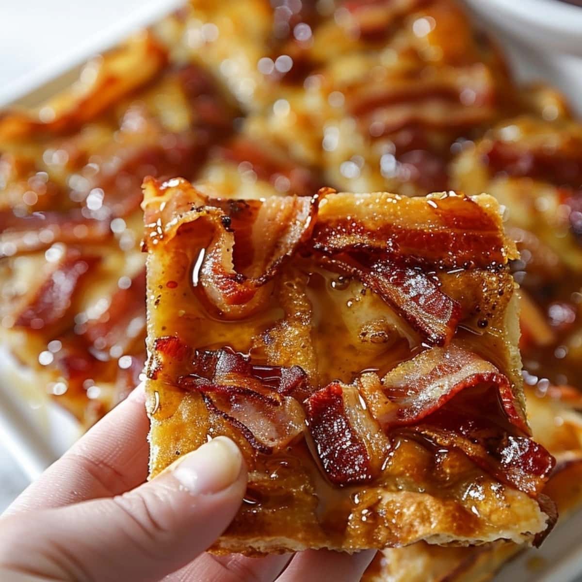 Hand holding a square slice of maple bacon crack.