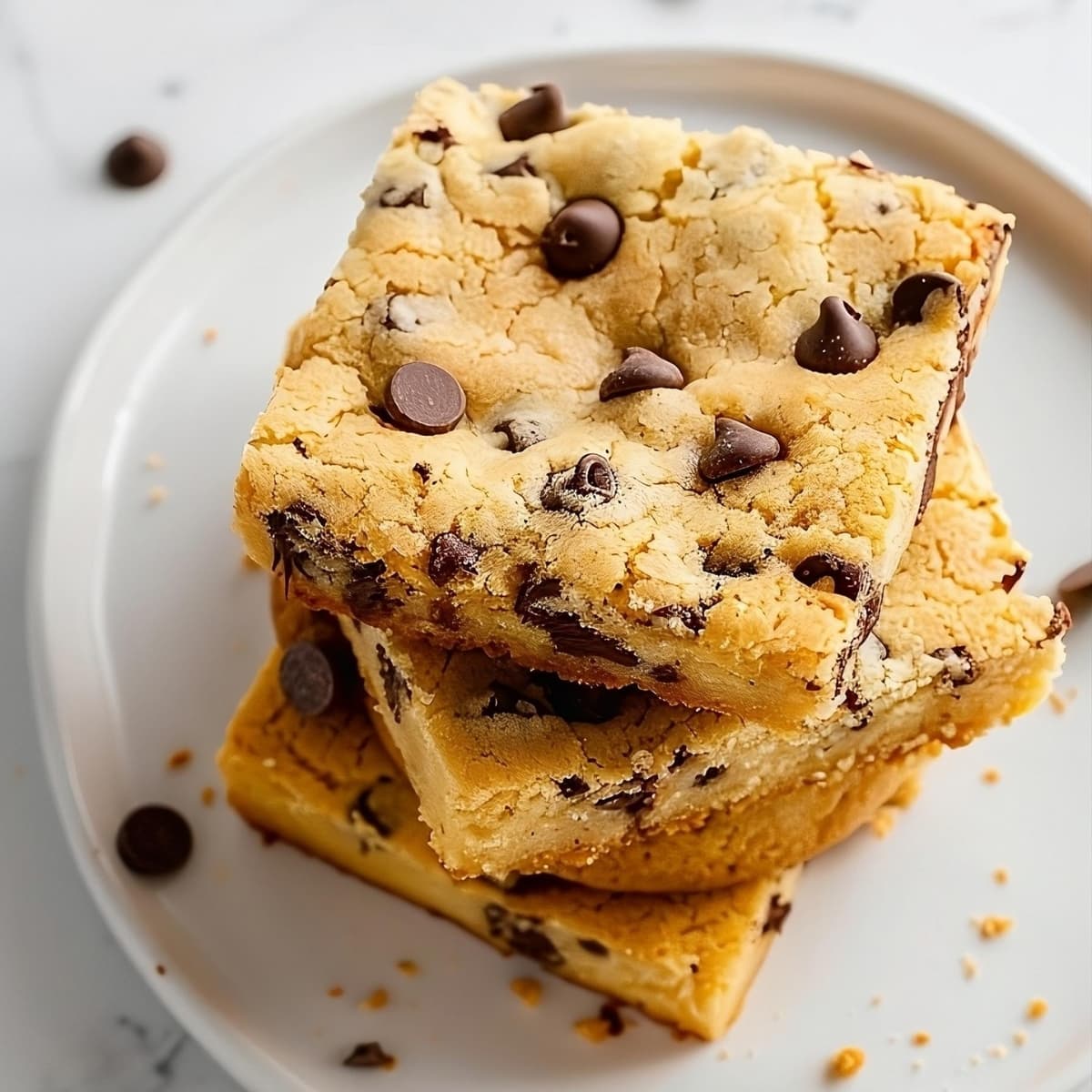 Square slices of cake mix cookie bars with chocolate chips.