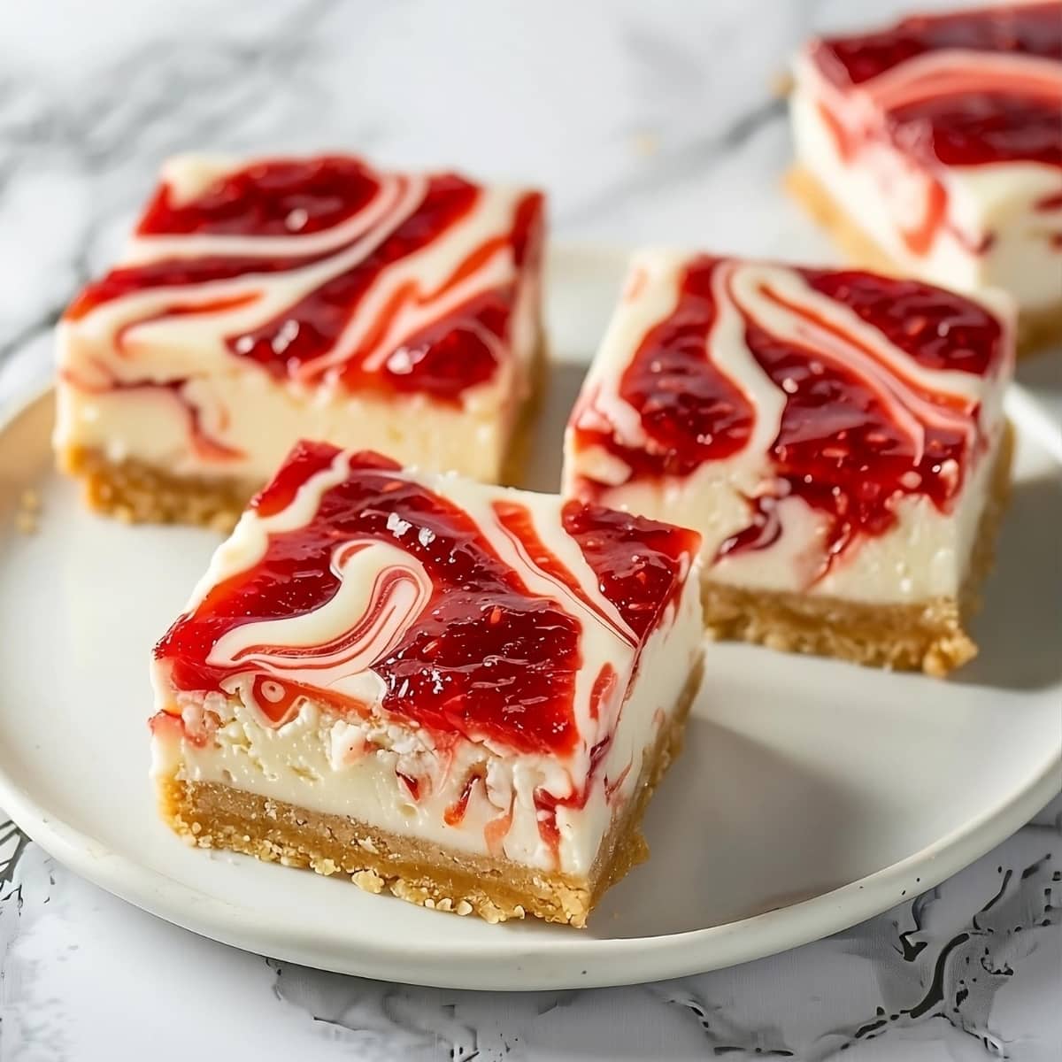 Square slices of strawberry cheesecake on a round plate.