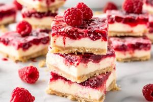 Homemade raspberry bars with vanilla cheesecake layer and graham cracker crust on a parchment paper in a white marble table