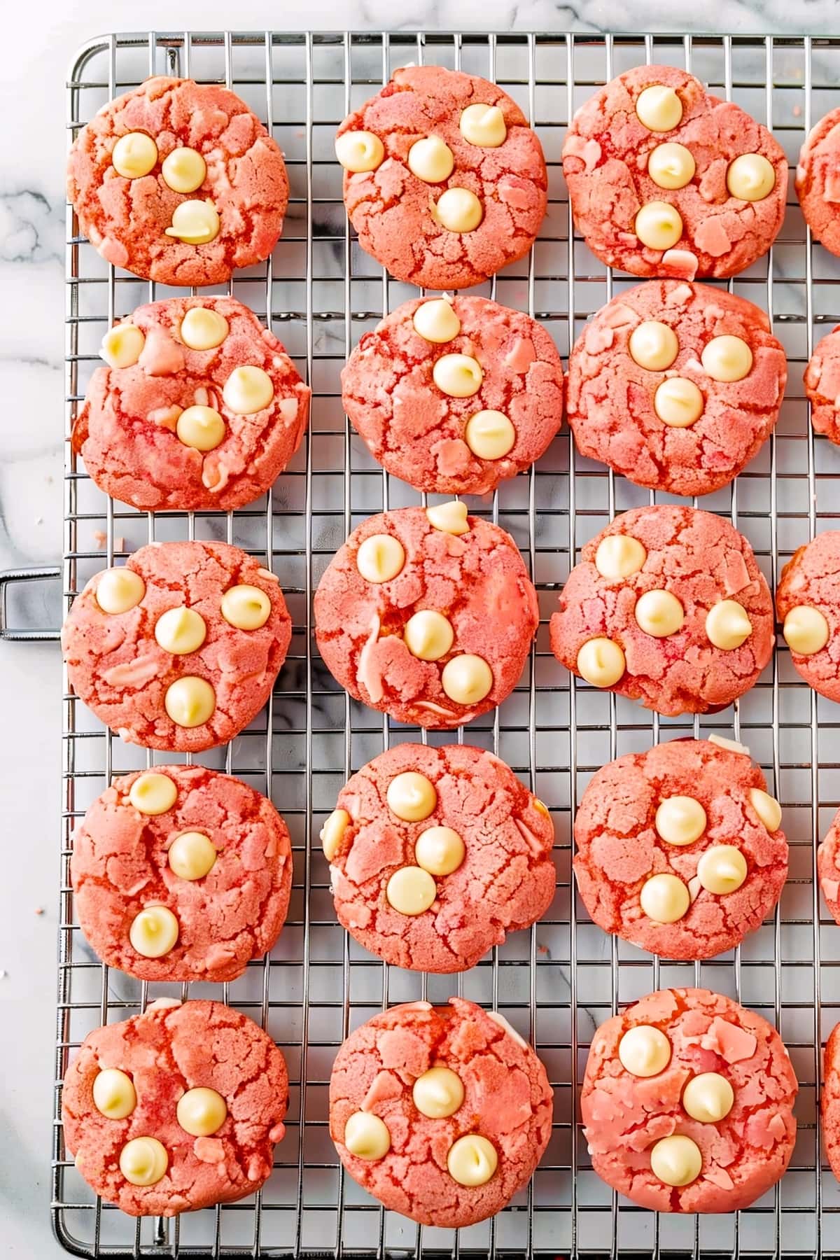 Homemade strawberry cake mix cookies in a cooling rack, top view