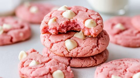 Strawberry Cake Mix Cookies with a bite taken out
