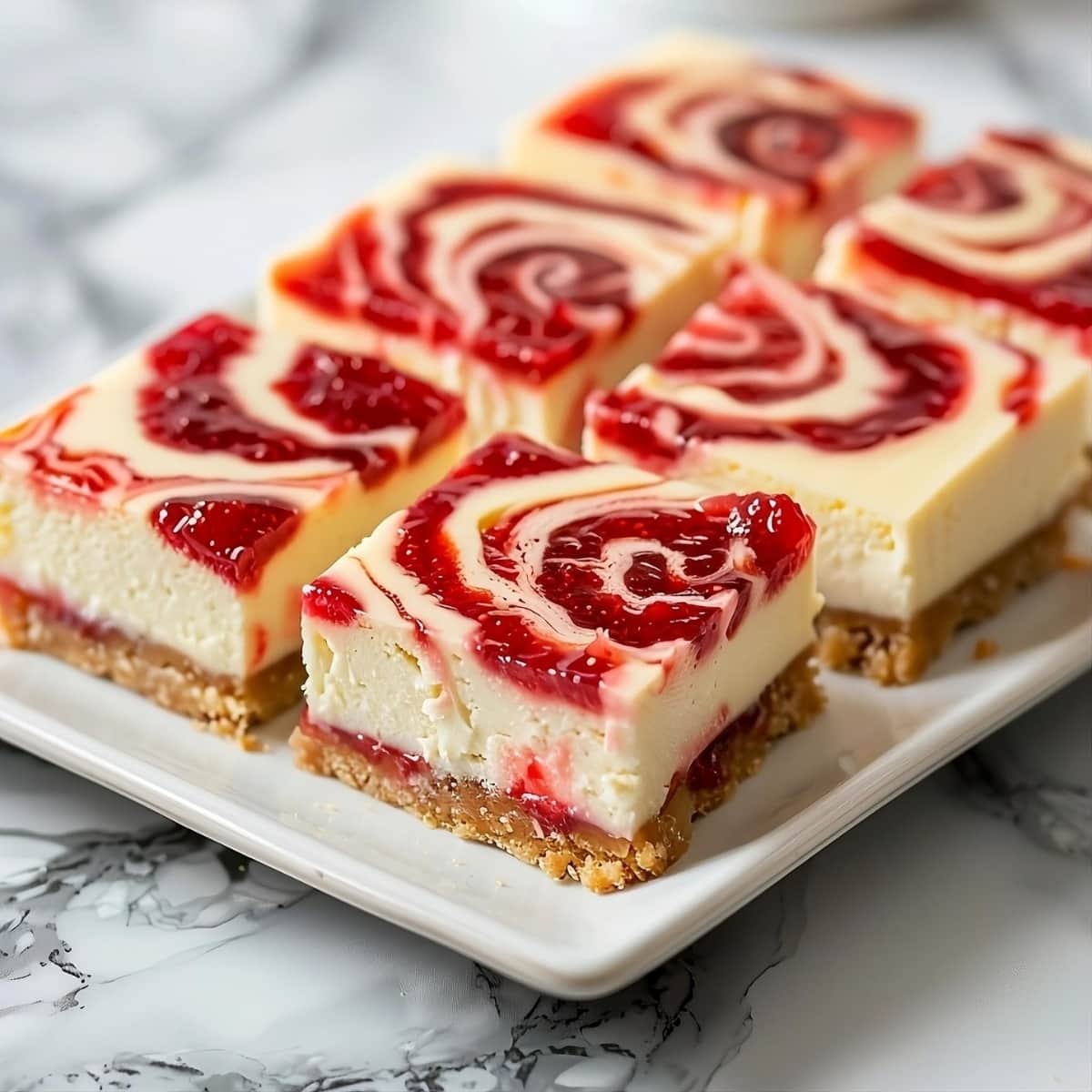 Strawberry cheesecake bars on a plate on a white marble table.