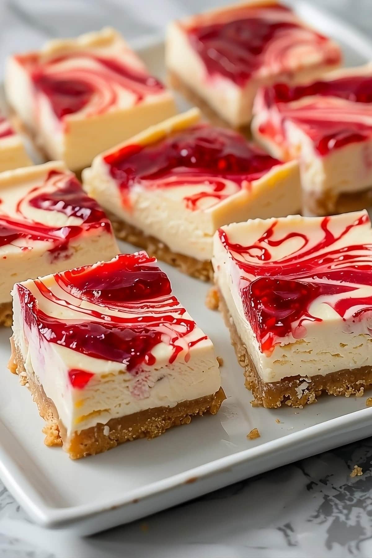 Strawberry cheesecake bars on a serving platter
