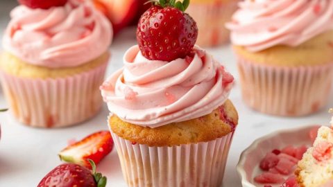 Strawberry cupcake with buttercream frosting garnished with chopped and sliced strawberries.