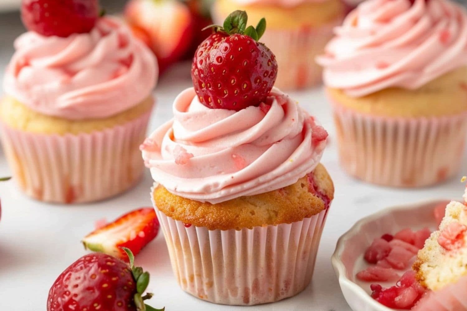 Strawberry cupcake with buttercream frosting garnished with chopped and sliced strawberries.