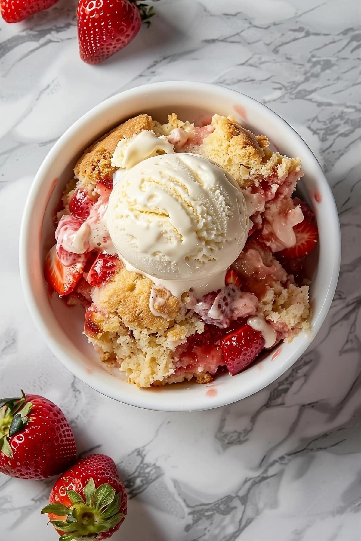 Strawberry dump cake with vanilla ice cream, top view on a white bowl.