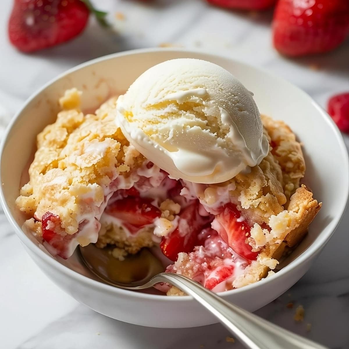 Strawberry dump cake served with scoop of vanilla ice cream on top in a white bowl with spoon.