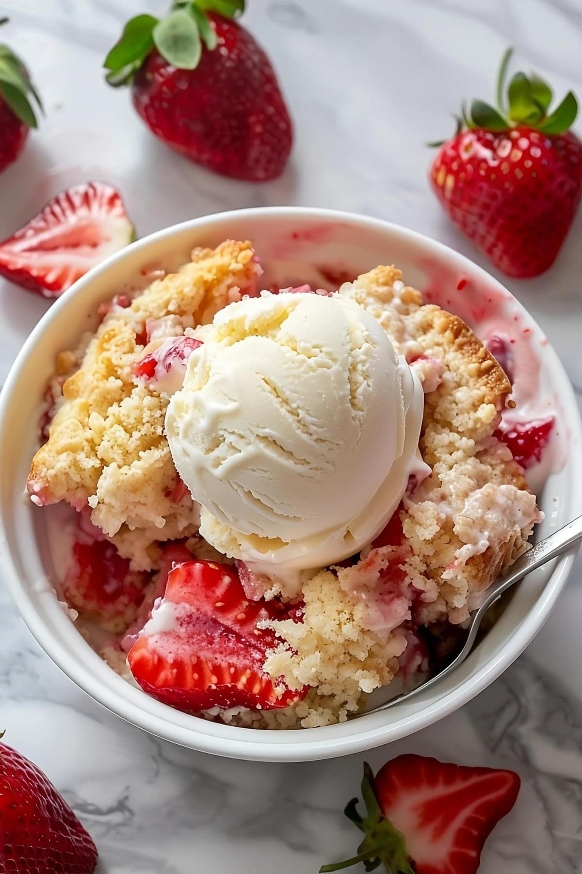 Strawberry dump cake in a white bowl with spoon garnished with vanilla ice cream.